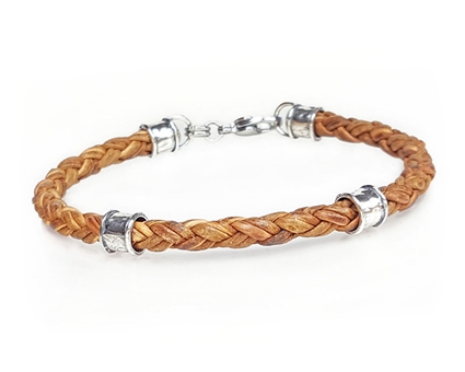 Braided TAN Leather Bracelet with Sterling Silver Beads