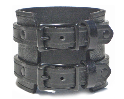 2 1/4" BLACK Leather Wristband with BLACK Buckles