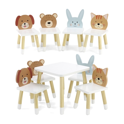 18 Inch Doll Wooden Kitchen Table and 4 Chair Dining Set Adorable Animals Theme | 18-in Doll Furniture Accessory - Compatible with American Girl Dolls