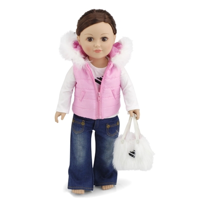 18-inch Doll Clothes - Pink Hooded Vest with Long Sleeved T-shirt Skinny Jeans and Purse - fits American Girl ® Dolls