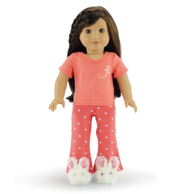 18-inch Doll Clothes - Coral Polka Dot Pajamas/PJs plus Bunny Slippers - fits American Girl ® Dolls