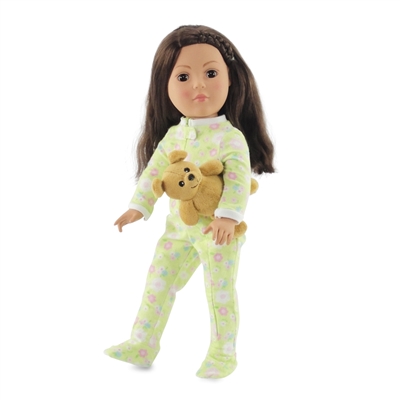 18-inch Doll Clothes - One Piece Footed Pajamas/PJs Green Floral Style plus Teddy Bear - fits American Girl ® Dolls