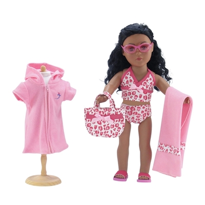 18-Inch Doll Clothes - Six-Piece Pink Leopard Print Tankini Swimsuit Set - fits American Girl ® Dolls