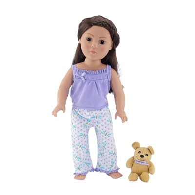 18-Inch Doll Clothes - Lavender and Blue Dragonfly Print Pajamas/PJs with Teddy Bear - fits American Girl ® Dolls