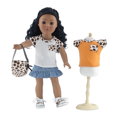 18-Inch Doll Clothes - Blue Denim Ruffled Skirt and T-Shirt Set with Sneakers and Purse - fits American Girl ® Dolls