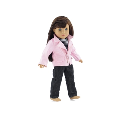 18-Inch Doll Clothes - Pink Leather Jacket Outfit with Jeans and T-Shirt - fits American Girl ® Dolls