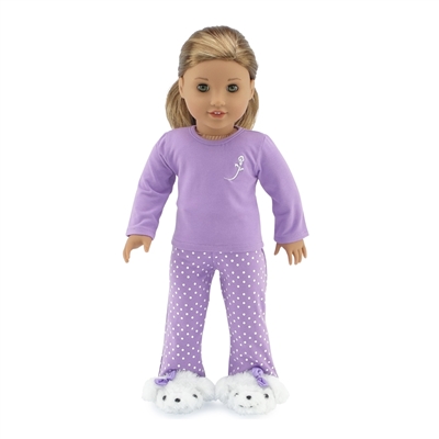18-inch Doll Clothes - Lavender Polka Dot Pajamas/PJs plus Puppy Slippers - fits American Girl ® Dolls