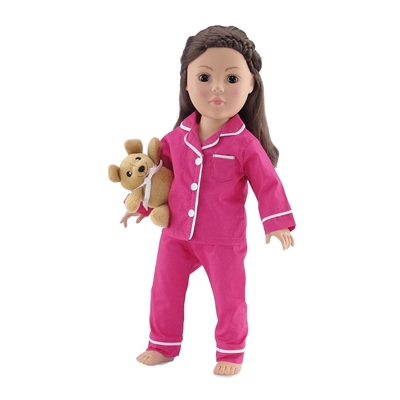 18-inch Doll Clothes - Pink and White Classic 2-Piece Pajamas/PJs with Teddy Bear - fits American Girl ® Dolls