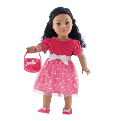 18 Inch Doll Clothes - Pink Silver Star Dress with Shoes and Purse - fits American Girl ® Dolls