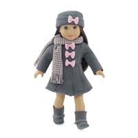 18 Inch Doll Clothes - Grey and Pink Coat with Hat, Boots, and Scarf - fits American Girl ® Dolls
