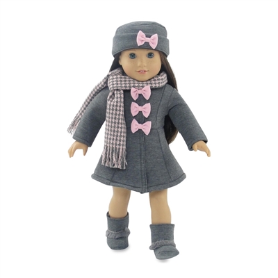 18 Inch Doll Clothes - Grey and Pink Coat with Hat, Boots, and Scarf - fits American Girl ® Dolls