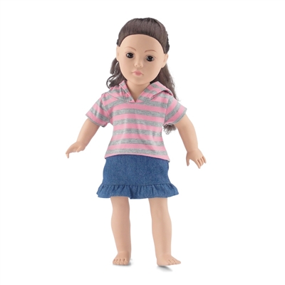 18 Inch Doll Clothes - Denim Ruffled Skirt with Striped T-Shirt and Hood - fits American Girl ® Dolls