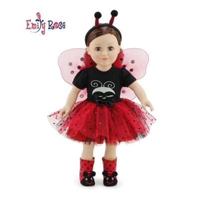 18-Inch Doll Clothes - Magical Lady Bug 5 PC 18" Doll Costume Outfit with Removable Wings, Antenna Headband and Fun Boots - fits American Girl ® Dolls