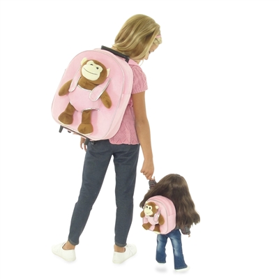 18-inch Doll Accessories - Pink Doll Backpack Luggage plus Detachable Monkey w/ Matching Kid's Backpack and Monkey - fits American Girl ® Dolls