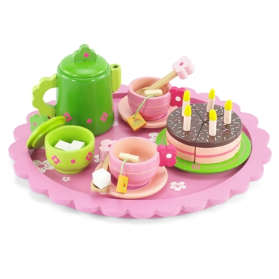 18-inch Doll Accessories - Wooden Multi-Colored Tea Set with Cake - fits American Girl ® Dolls