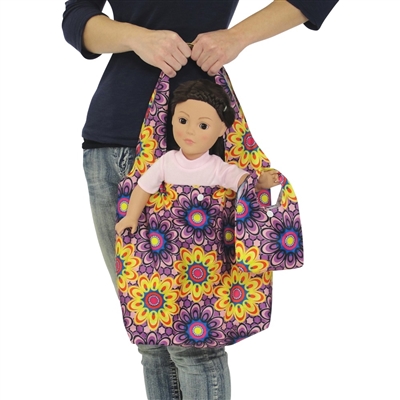 18-inch Doll Accessories - Purple and Yellow Flower Print Doll Tote Bag Plus Matching Doll Purse - fits American Girl ® Dolls