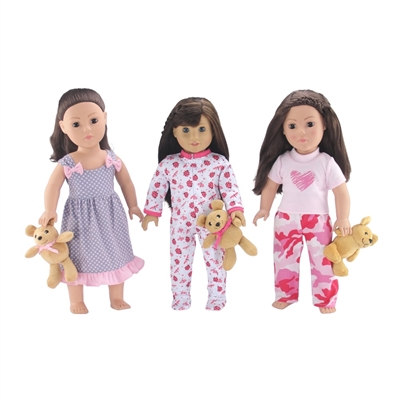 18-Inch Doll Clothes - Value Pack Set of 3 PJs Pajamas with Teddy Bear - fits American Girl ® Dolls
