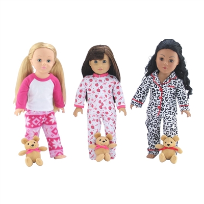 18-Inch Doll Clothes - 3 Pajamas PJs Value Pack Set with Teddy Bear - fits American Girl ® Dolls