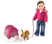18-inch Doll Clothes & Accessories Set - 3-PC Faux Fur Collar Jacket Coat Outfit Bundle with 18" Doll White T-Shirt and Distressed Jeans Bundled with Toy Puppy Play Set Accessory for Kids