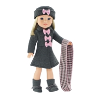 14 Inch Doll Clothes - Grey and Pink Coat with Hat, Boots, and Scarf - fits Wellie Wishers ® Dolls