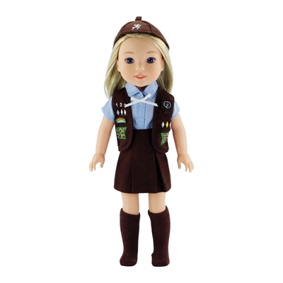 14-inch Doll Clothes - Brownie Uniform - Brown Vest, Skirt, Hat and Socks plus Blue Shirt - fits Wellie Wishers ® Dolls