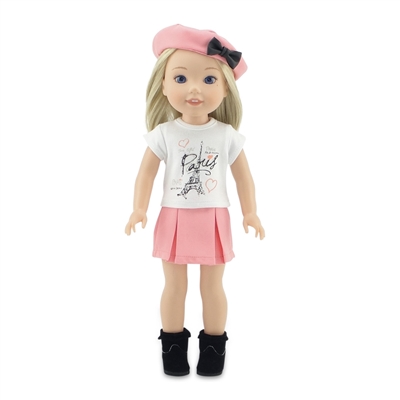 14-Inch Doll Clothes - Eiffel Tower Paris Graphic T-Shirt and Pleated Skirt Outfit - fits Wellie Wishers ® Dolls