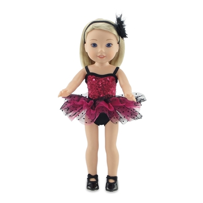 14-inch Doll Clothes - Pink and Black Jazz Ballet Outfit, Headband, and Tap Shoes - fits Wellie Wishers ® Dolls
