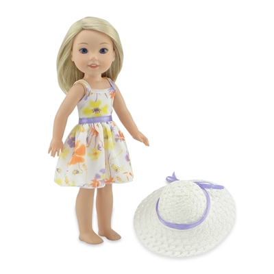 14 Inch Doll Clothes - Yellow Flowered Party Dress with White Hat - fits Wellie Wishers ® Dolls