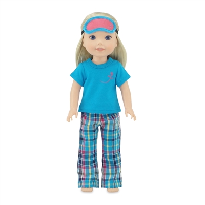 14-inch Doll Clothes - Plaid Style Pajamas/PJs plus Sleep Mask - fits Wellie Wishers ® Dolls