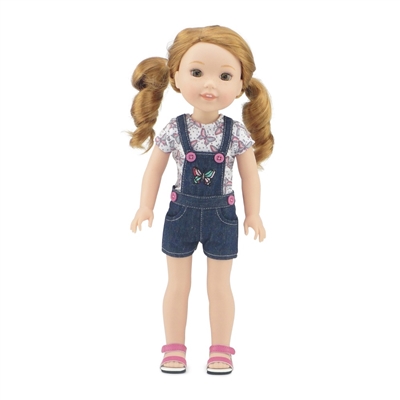 14 Inch Doll Clothes - Overall Jean Short Outfit with Pink Sandals - fits Wellie Wishers ® Dolls