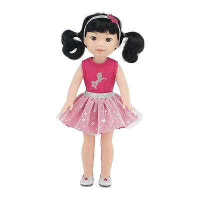 14 Inch Doll Clothes - Unicorn Tutu Sparkle Outfit with Glittery Shoes - fits Wellie Wishers ® Dolls