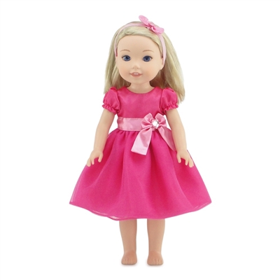 14 Inch Doll Clothes - Pink Party Dress with Bow and Matching Headband - fits Wellie Wishers ® Dolls