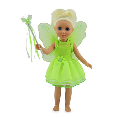 14-Inch Doll Clothes - Tinkerbelle-Inspired Fairy Outfit with Wings and Wand - fits Wellie Wishers ® Dolls