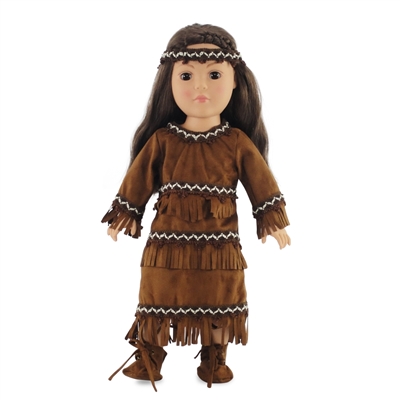 18-inch Doll Clothes - Native American Fringed Brown Dress with Moccasins and Headband - fits American Girl ® Dolls