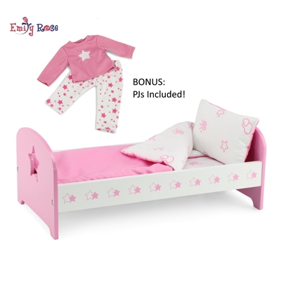 14-inch Doll Furniture - Pink Single Bed with Star Detail (Includes Bedding) - fits American Girl ® Wellie Wisher Dolls