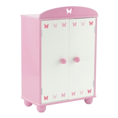 14-inch Doll Furniture - Pink Armoire with Butterfly Detail (Includes 5 Clothes Hangers) - fits American Girl ® Wellie Wishers Dolls