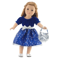 18-inch Doll Clothes - Midnight Blue Evening Dress with Silver Stars and Silver Purse - fits American Girl ® Dolls