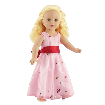 18-inch Doll Clothes - Pink Party Dress with Overlay and Red Bow - fits American Girl ® Dolls