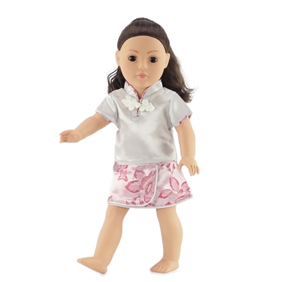 18-inch Doll Clothes - Asian-Themed Silver Shirt and Pink Skirt - fits American Girl ® Dolls