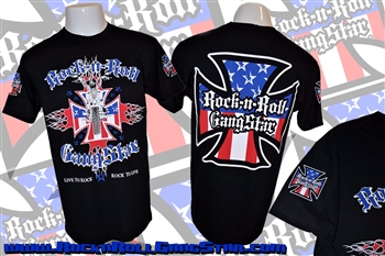 Biker Cross V2 Red White and Blue Mens T Shirt Black Rock n Roll GangStar Rock n Roll Heavy Metal Biker Clothing Apparel Accessories Music Lifestyle