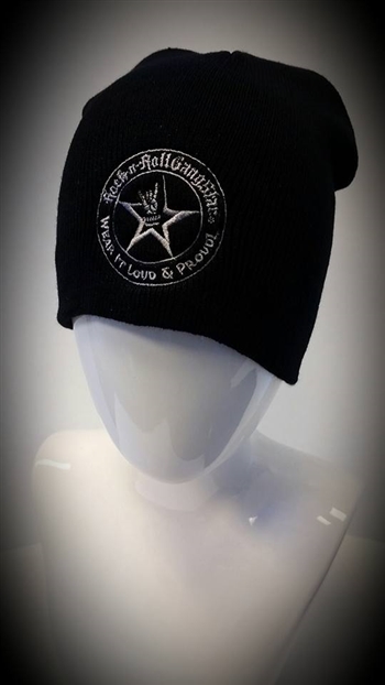 Stretch Beanie Black with Silver Wear It Loud & Proud! logo Stocking Cap Winter Hat Rock and Roll Heavy Metal Biker clothing apparel accessories lifestyle Rock n Roll GangStar Apparel