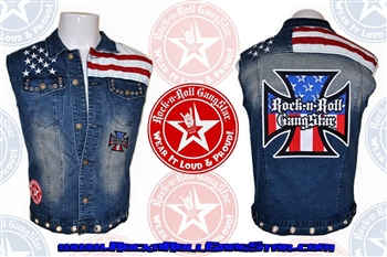 Mens Custom Denim Red White & Blue Biker Vest Rock and Roll Heavy Metal clothing accessories