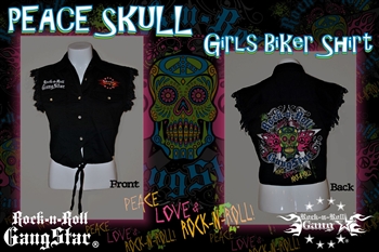 Peace Skull Girls Denim Cut Off Biker Shirt