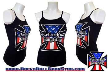 Red White & Blue Iron Cross Spaghetti Strap Tank Top Biker Motorcycle Rock n Roll Heavy Metal girls t shirt Rock n Roll GangStar