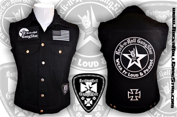 Wear It Loud & Proud! tm denim biker vest with custom patch work silver & black Rock n Roll Heavy Metal biker clothing shirt Rock n Roll GangStar