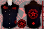 Wear It Loud & Proud! tm denim biker vest with custom patch work red & black Rock n Roll Heavy Metal biker clothing shirt Rock n Roll GangStar