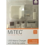 MiTEC USB Mains Charger with Multi Tip 1A