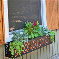 54" Nottingham Aluminum Window Box With Ornamental Wrought Iron X-Pattern And Flower