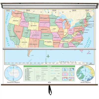 US/World Beginner Combo Classroom Wall Map on Roller w/ Backboard