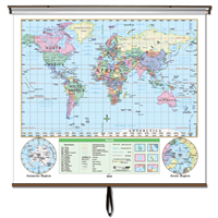 World Essential Classroom Wall Map on Roller w/ Backboard